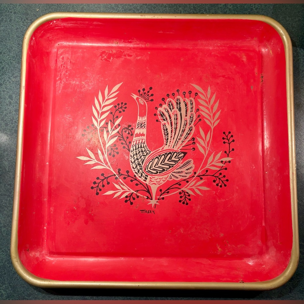 Vintage Maxey Serving Tray with Silver Peacock Design